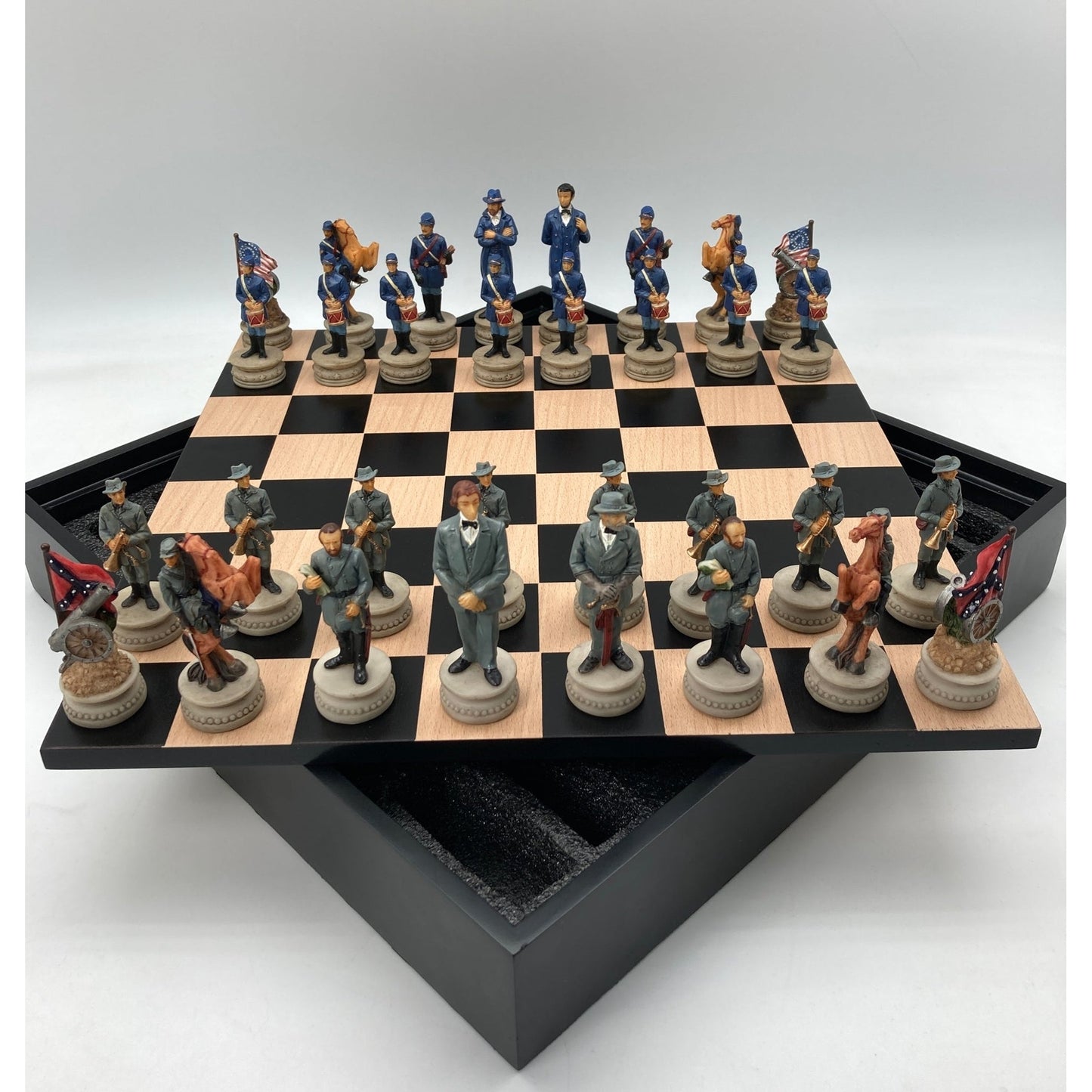 3.25" Civil War Hand Painted Resin Chess Pieces On Black/Maple Chest 13.5" - Cats In Hat Inc.