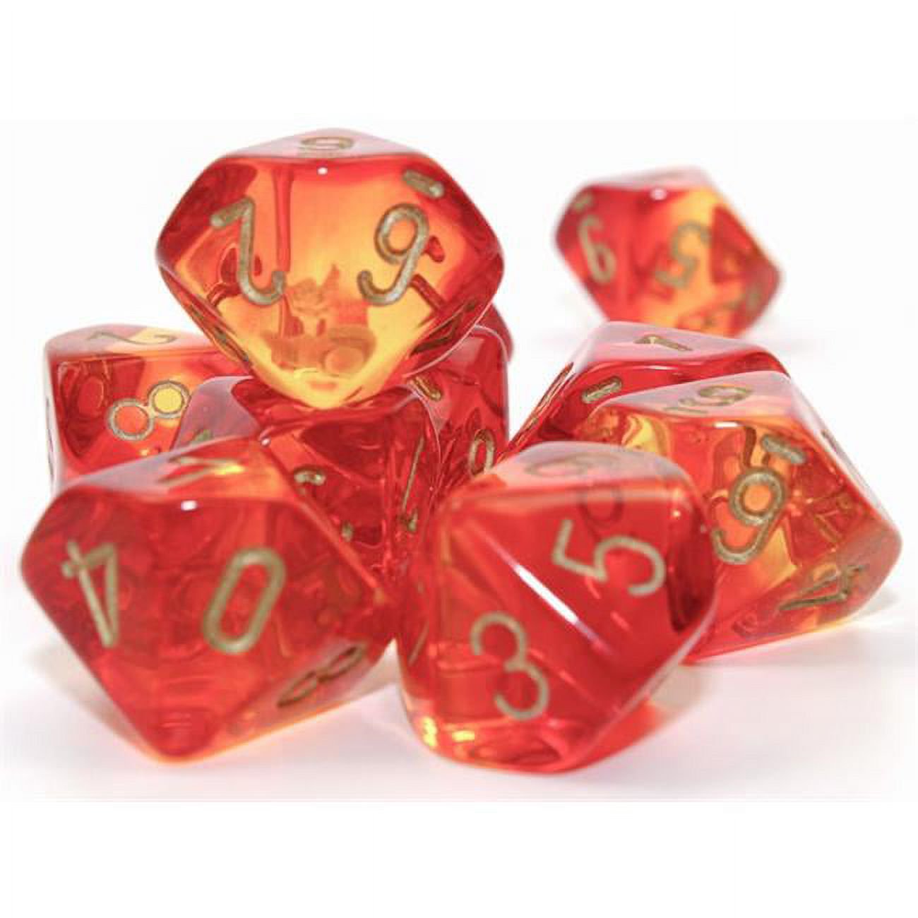 d10 Clamshell Gemini Translucent Red-Yellow with Gold (10) By Chessex Manufacturing