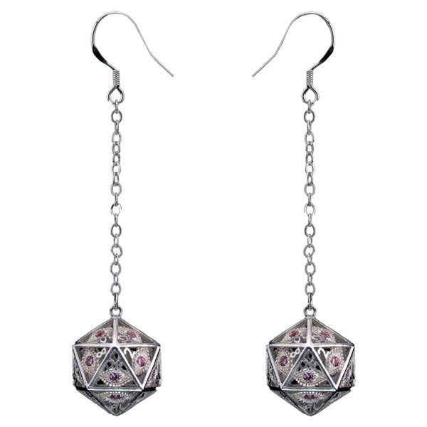Dice Earrings: Dragon's Eye Silver with Pink Gems