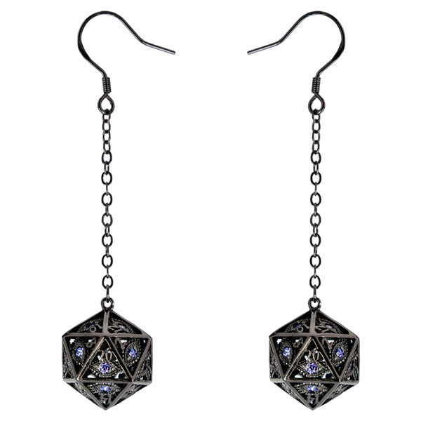 Dice Earrings: Dragon's Eye Gunmetal with Purple Gems