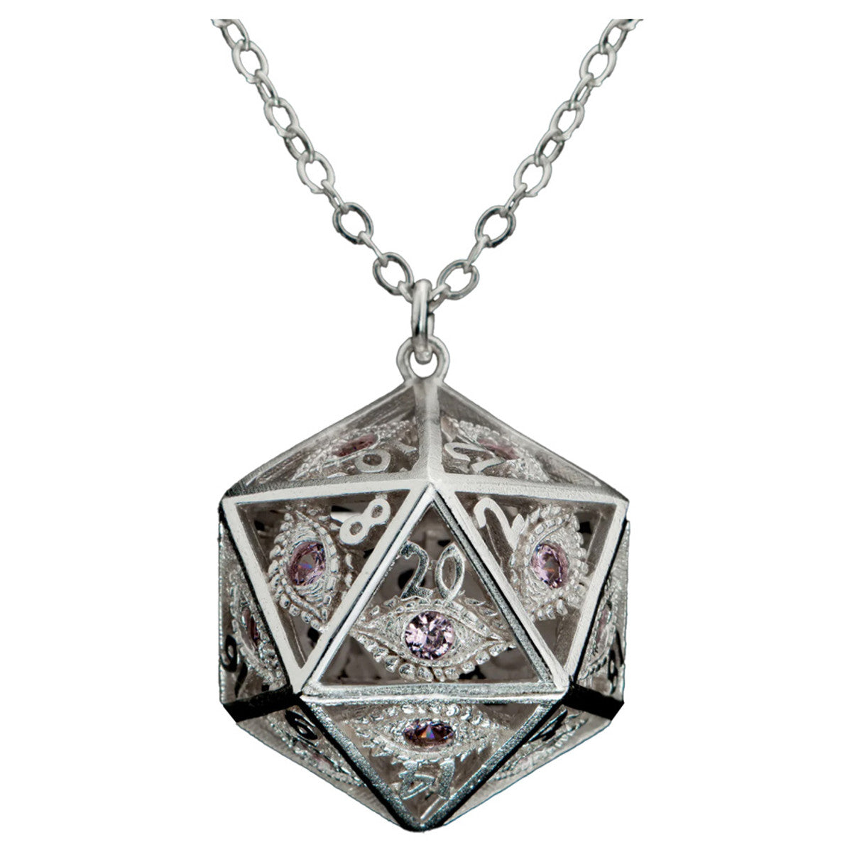 Dice Necklace: Dragon's Eye Silver with Pink Gems
