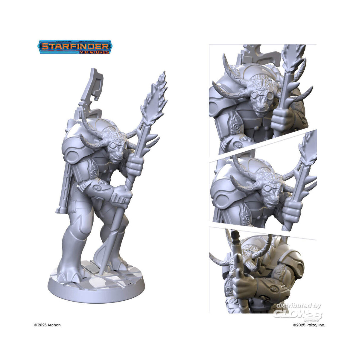 Gray resin figure with detailed parts on a white background, featuring 'Starfinder' branding.