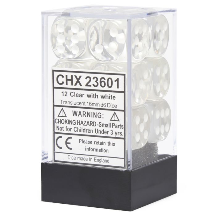 D6 Cube 16mm Translucent Clear With White (12) - Cats In Hat Inc.