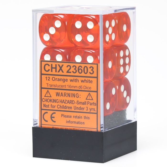 D6 Cube 16mm Translucent Orange With White (12) - Cats In Hat Inc.