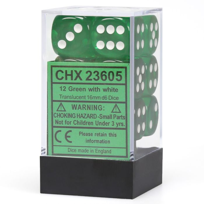 D6 Cube 16mm Translucent Green With White (12) - Cats In Hat Inc.