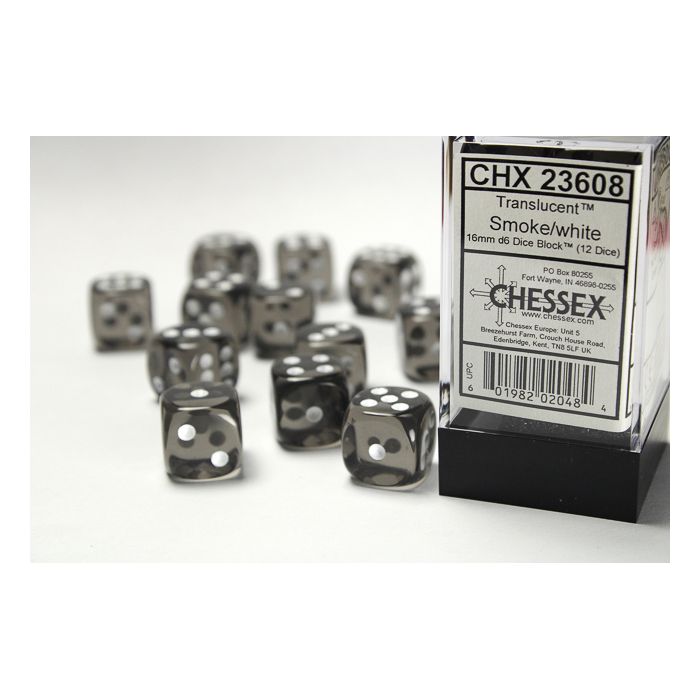 D6 Cube 16mm Translucent Smoke With White (12) - Cats In Hat Inc.