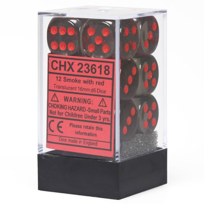 D6 Cube 16mm Translucent Smoke With Red (12) - Cats In Hat Inc.