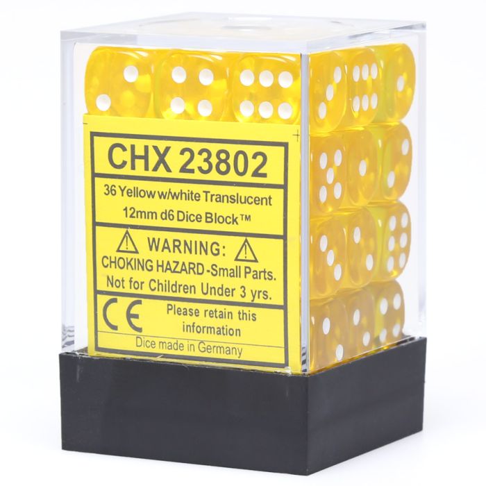 D6 Cube 12mm Translucent Yellow With White (36) - Cats In Hat Inc.