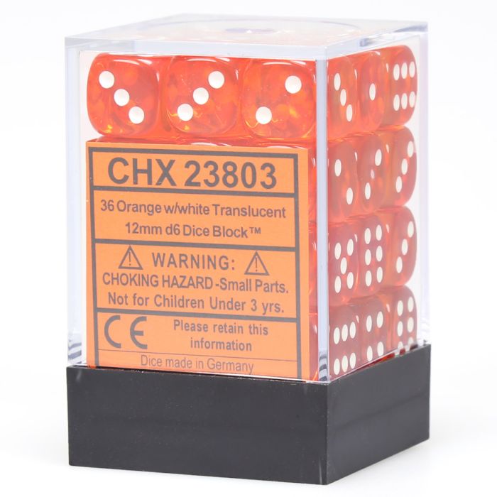 D6 Cube 12mm Translucent Orange With White (36) - Cats In Hat Inc.