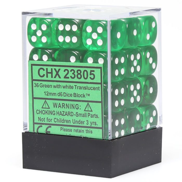 D6 Cube 12mm Translucent Green With White (36) - Cats In Hat Inc.