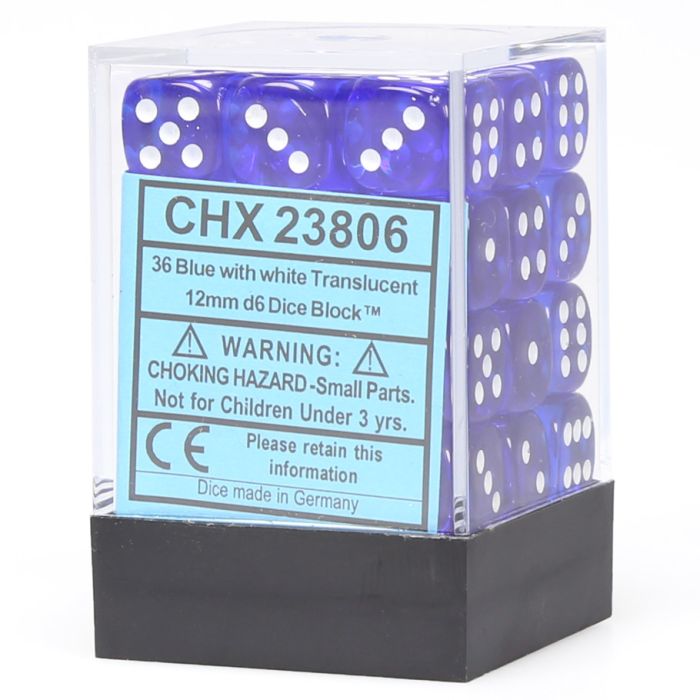D6 Cube 12mm Translucent Blue With White (36) - Cats In Hat Inc.