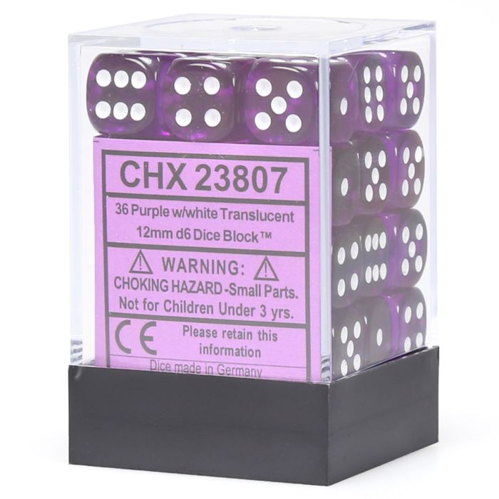 D6 Cube 12mm Translucent Purple With White (36) - Cats In Hat Inc.