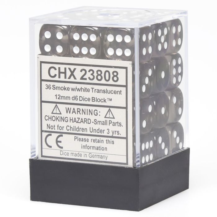 D6 Cube 12mm Translucent Smoke With White (36) - Cats In Hat Inc.
