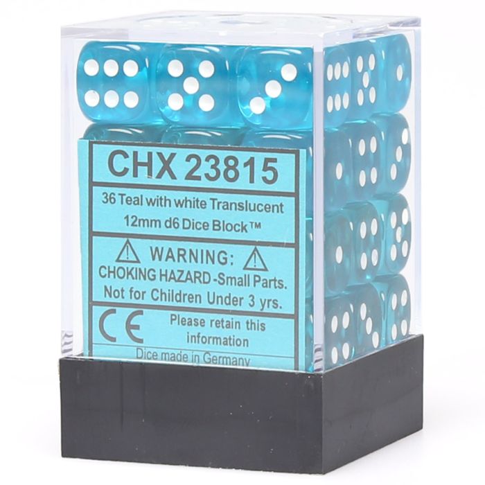 D6 Cube 12mm Translucent Teal With White (36) - Cats In Hat Inc.
