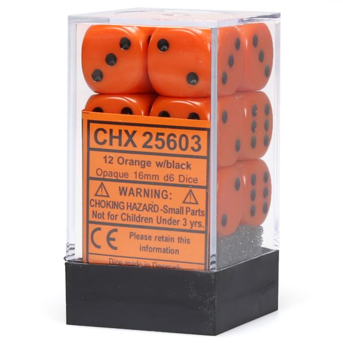 D6 Cube 16mm Opaque Orange With Black (12) - Cats In Hat Inc.