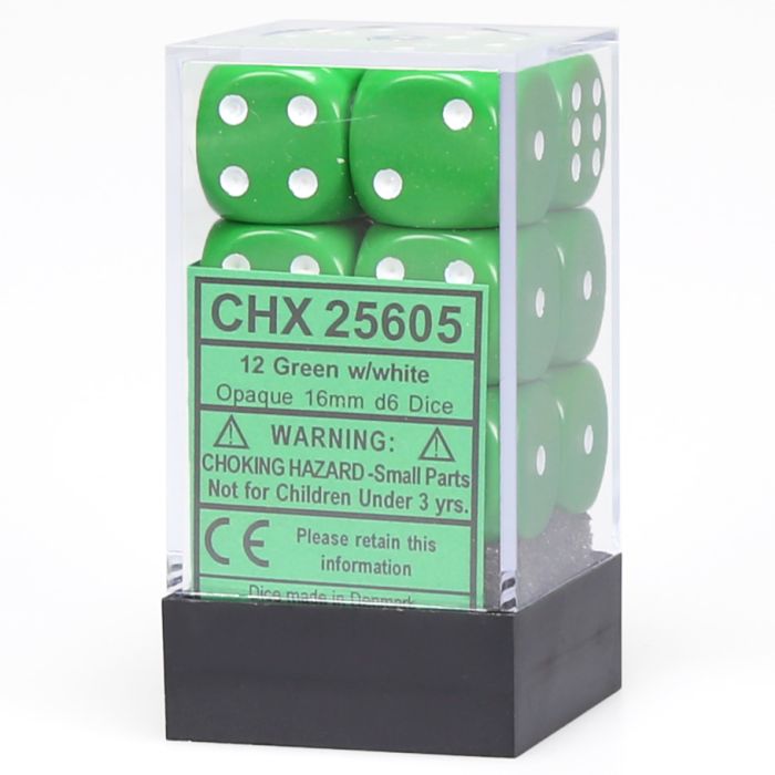 D6 Cube 16mm Opaque Green With White (12) - Cats In Hat Inc.