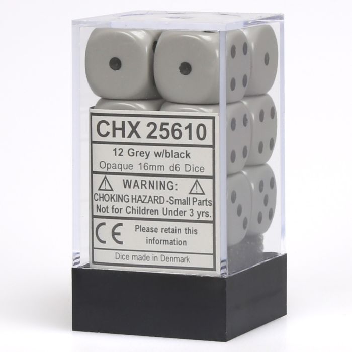 D6 Cube 16mm Opaque Grey With White (12) - Cats In Hat Inc.