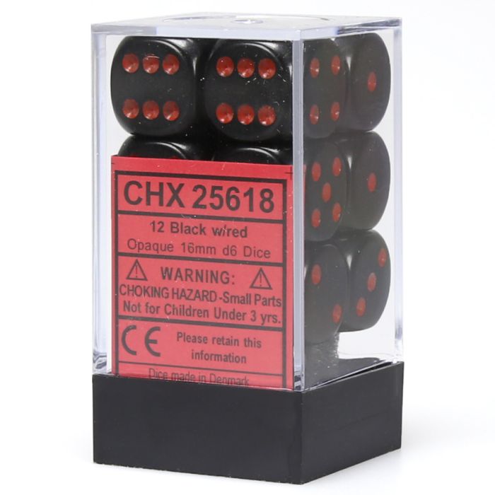 D6 Cube 16mm Opaque Black With Red (12) - Cats In Hat Inc.