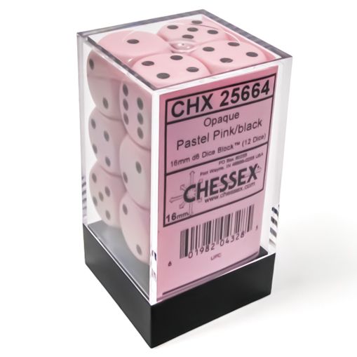 d6 Cube 16mm Opaque Pastel Pink/black (12) By Chessex Manufacturing