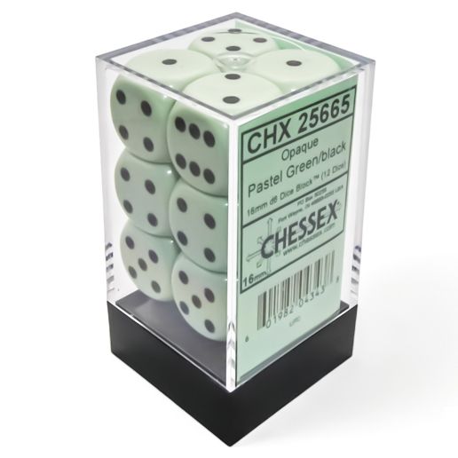 d6 Cube 16mm Opaque Pastel Green/black (12) By Chessex Manufacturing