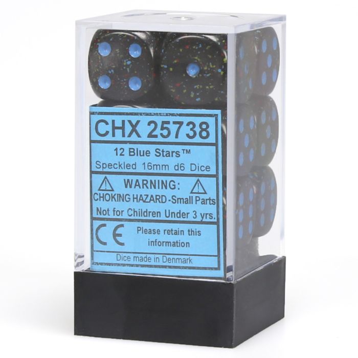 D6 Cube 16mm Speckled Blue Stars (12) - Cats In Hat Inc.