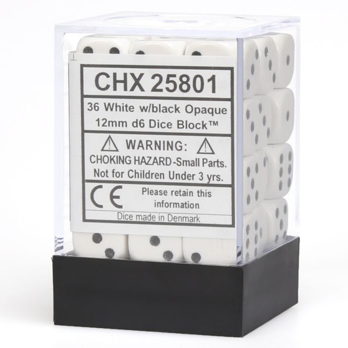 D6 Cube 12mm Opaque White With Black (36) - Cats In Hat Inc.