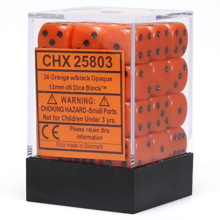 D6 Cube 12mm Opaque Orange With Black (36) - Cats In Hat Inc.