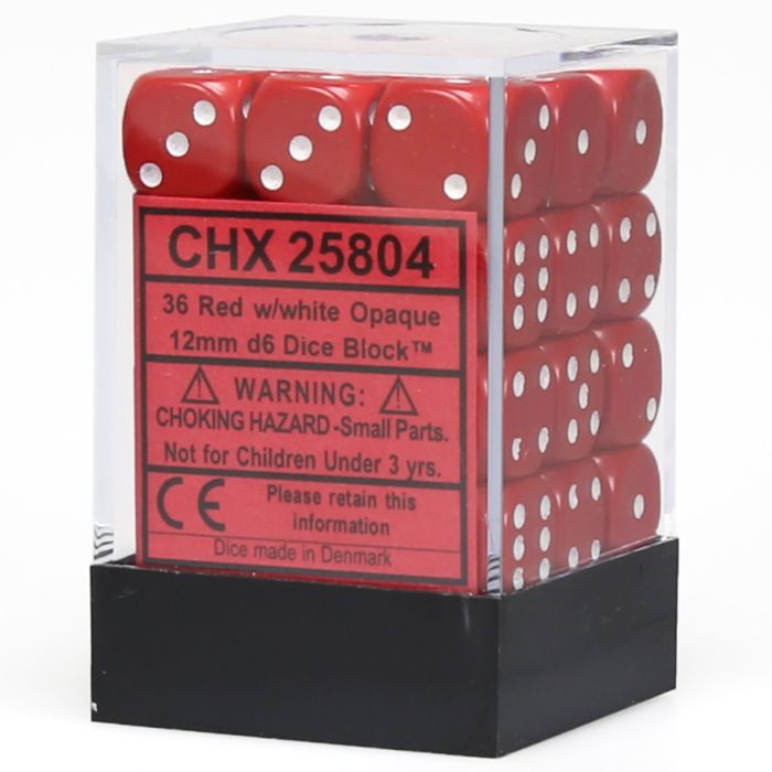 D6 Cube 12mm Opaque Red With White (36) - Cats In Hat Inc.