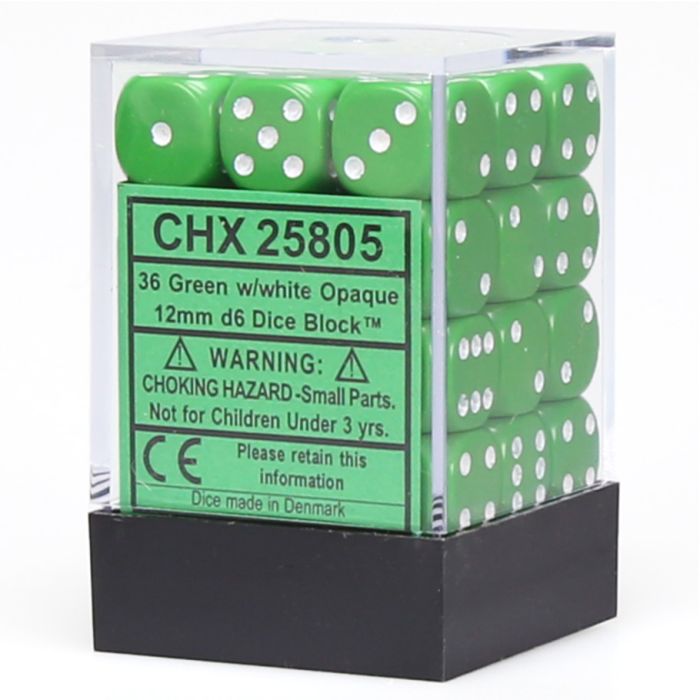 D6 Cube 12mm Opaque Green With White (36) - Cats In Hat Inc.