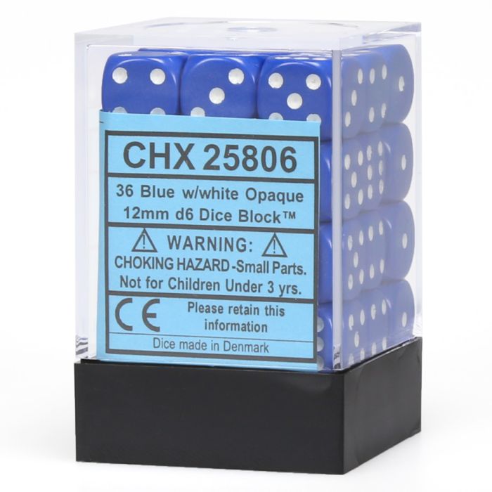 D6 Cube 12mm Opaque Blue With White (36)