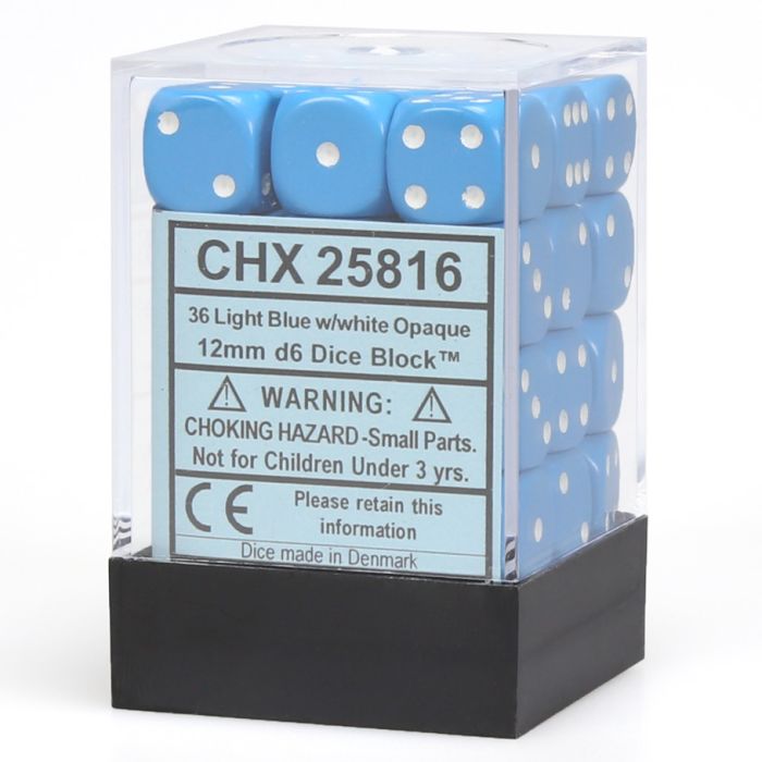 D6 Cube 12mm Opaque Light Blue With White (36) - Cats In Hat Inc.