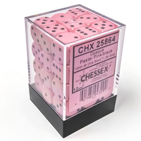 d6 Cube 12mm Opaque Pastel Pink/black (36) By Chessex Manufacturing