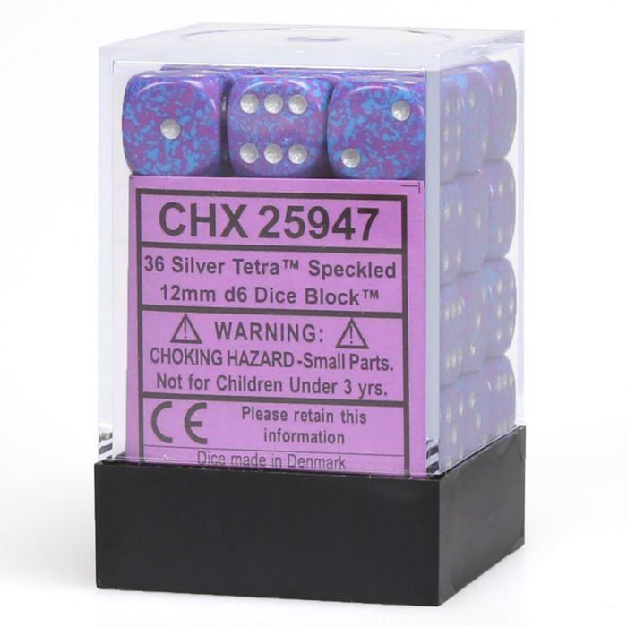 D6 Cube 12mm Speckled Silver Tetra (36) - Cats In Hat Inc.