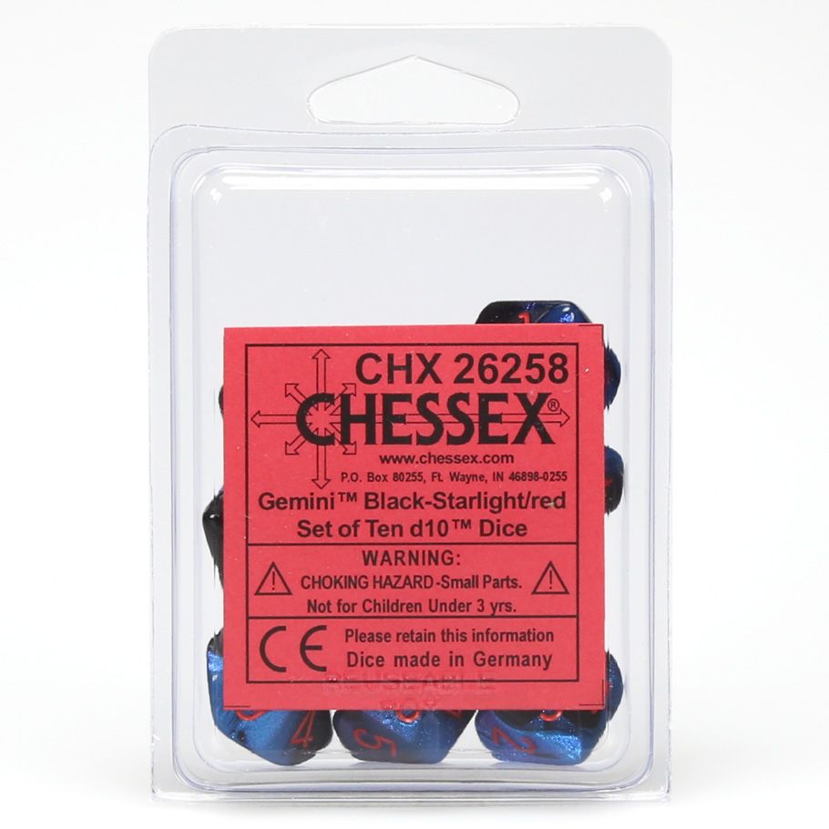 d10 Clamshell Gemini Black Starlight with Red(10) By Chessex Manufacturing