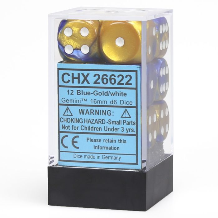 D6 Cube 16mm Gemini Blue And Gold With White (12) - Cats In Hat Inc.