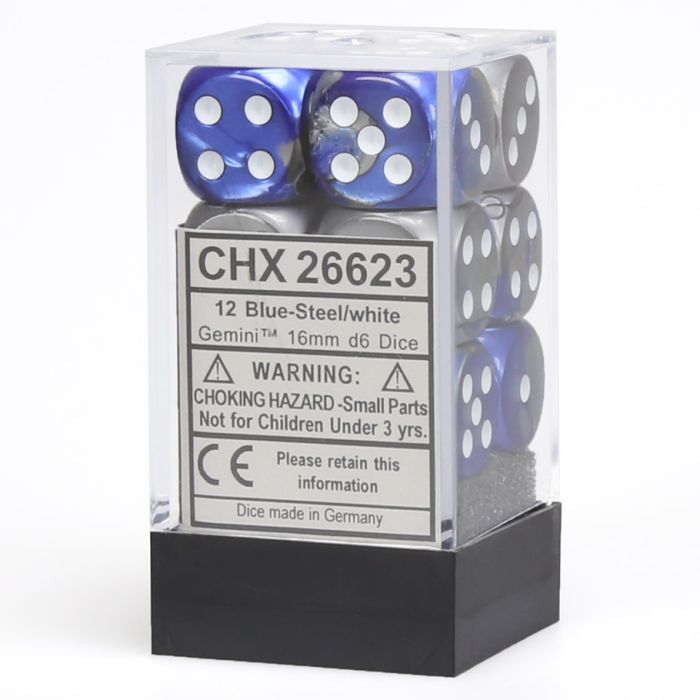 D6 Cube 16mm Gemini Blue And Steel With White (12) - Cats In Hat Inc.