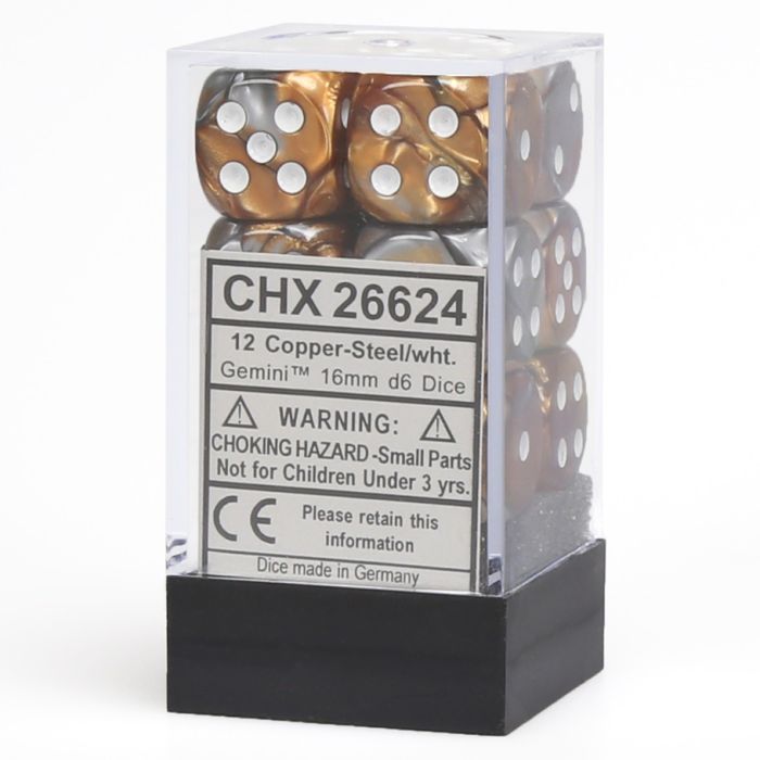 D6 Cube 16mm Gemini Copper And Steel With White (12) - Cats In Hat Inc.