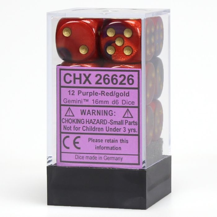 D6 Cube 16mm Gemini Purple And Red With Gold (12) - Cats In Hat Inc.