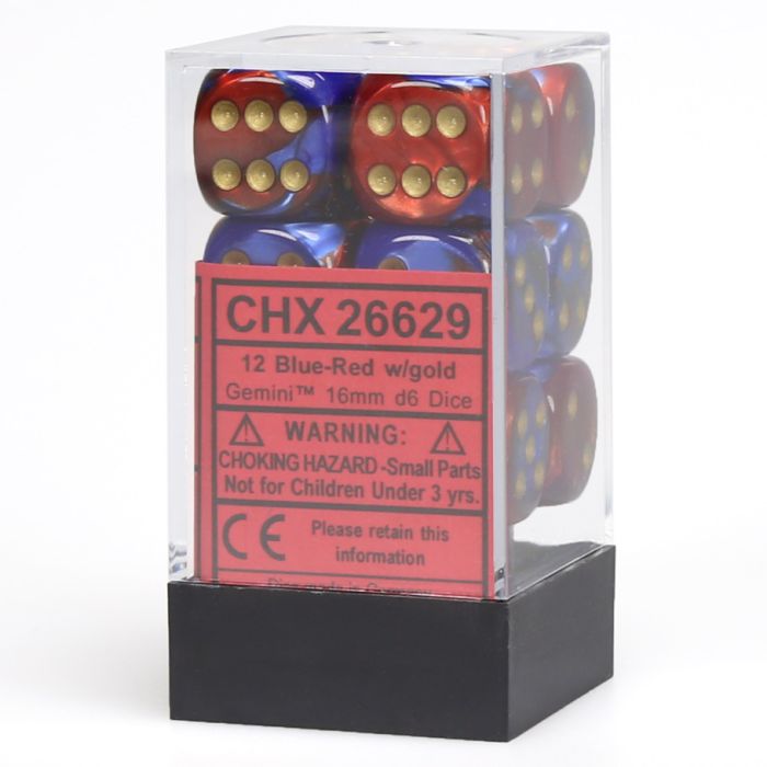 D6 Cube 16mm Gemini Blue And Red With Gold (12) - Cats In Hat Inc.