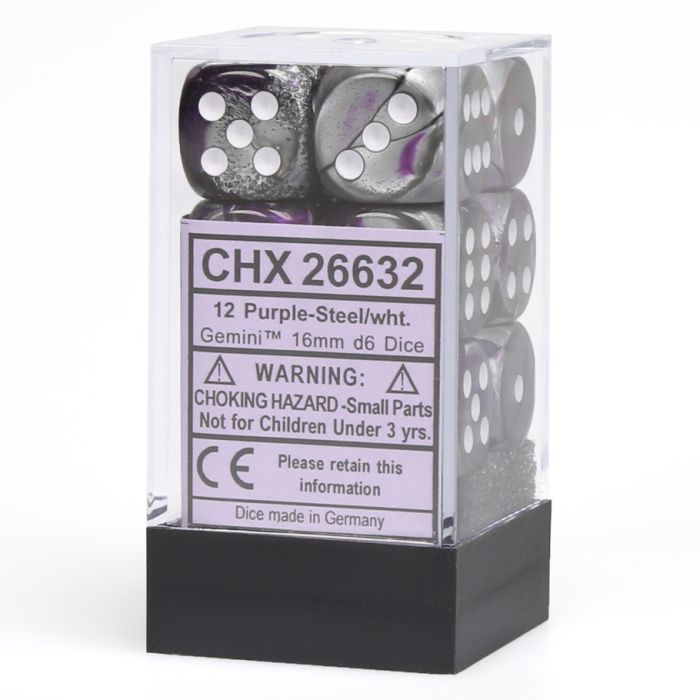 D6 Cube 16mm Gemini Purple And Steel With White (12) - Cats In Hat Inc.