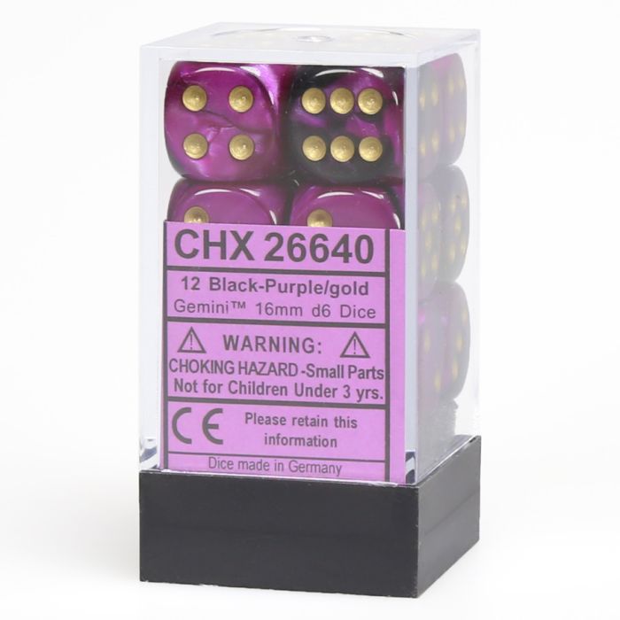 D6 Cube 16mm Gemini Black And Purple With Gold (12) - Cats In Hat Inc.