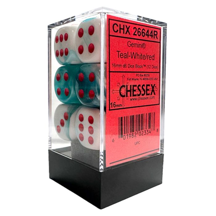 D6 Cube Gemini Teal White With Red (12) - Cats In Hat Inc.