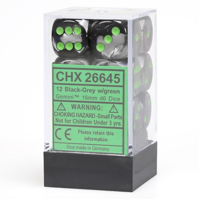 D6 Cube 16mm Gemini Black And Grey With Green (12) - Cats In Hat Inc.