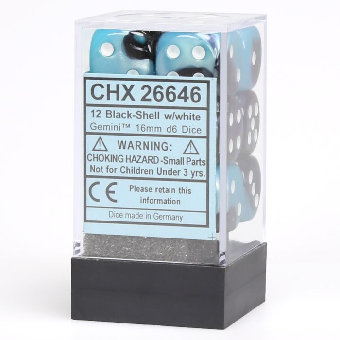 D6 Cube 16mm Gemini Black And Shell With White (12) - Cats In Hat Inc.