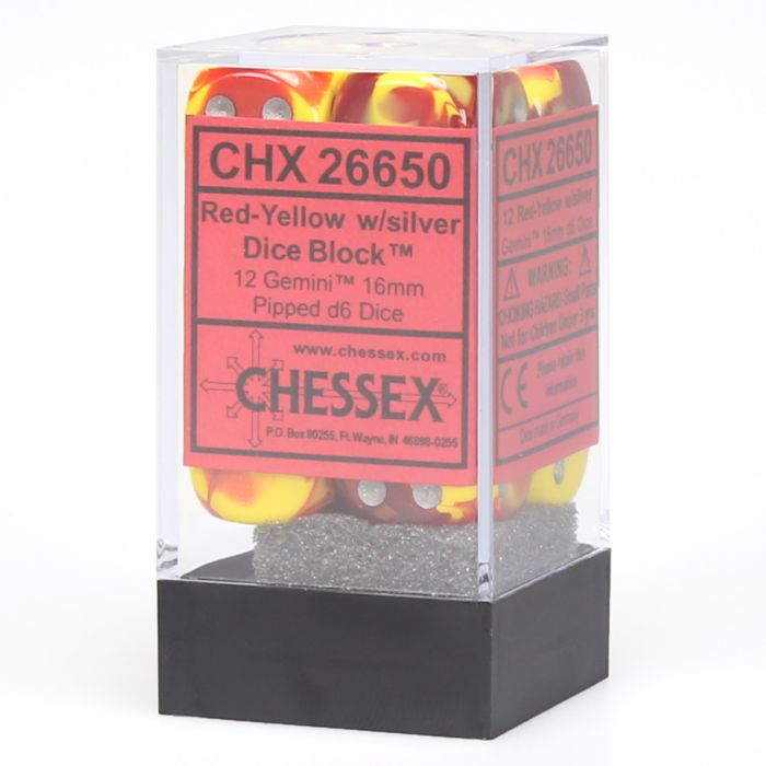 D6 Cube 16mm Gemini Red And Yellow With Silver - Cats In Hat Inc.