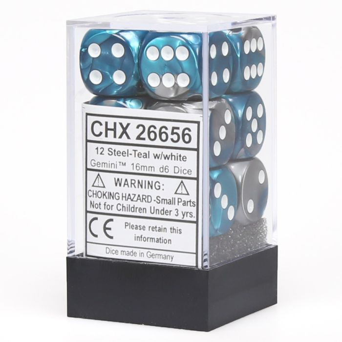 D6 Cube 16mm Gemini Steel And Teal With White (12) - Cats In Hat Inc.