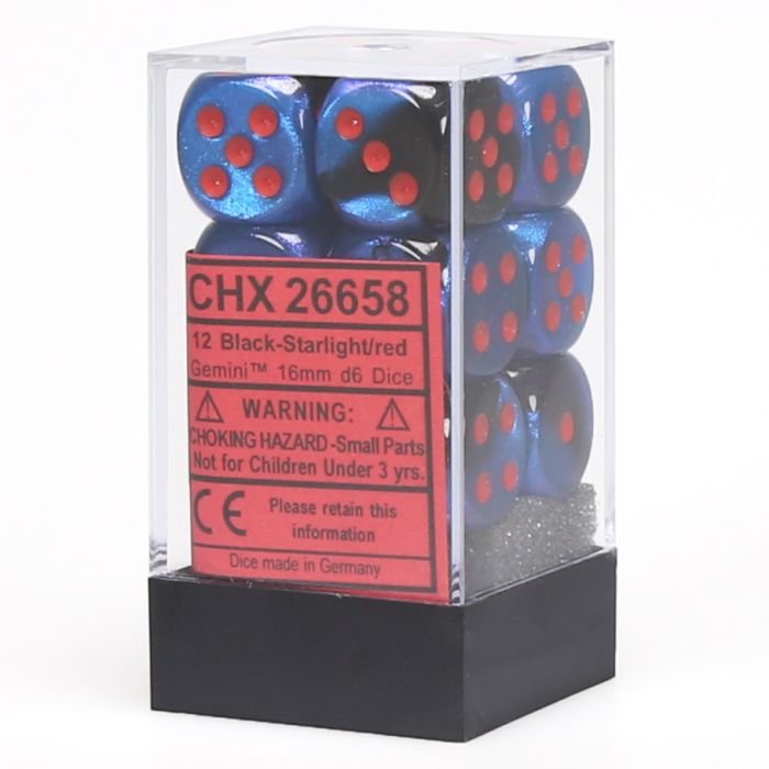 D6 Cube 16mm Gemini Black Starlight With Red (12) - Cats In Hat Inc.
