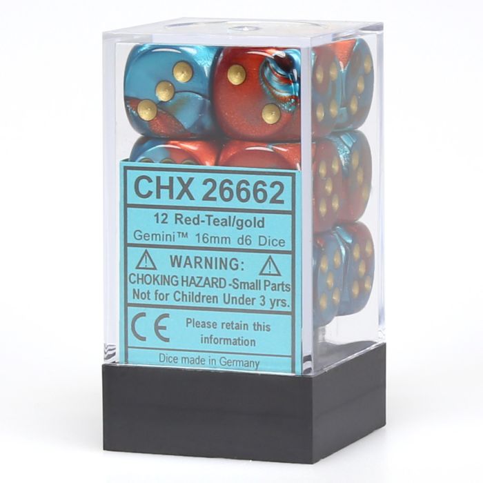 D6 Cube 16mm Gemini Red And Teal With Gold (12) - Cats In Hat Inc.