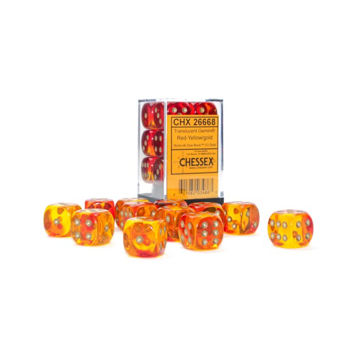 D6 Cube 16mm Gemini Translucent Red-Yellow With Gold (12) - Cats In Hat Inc.