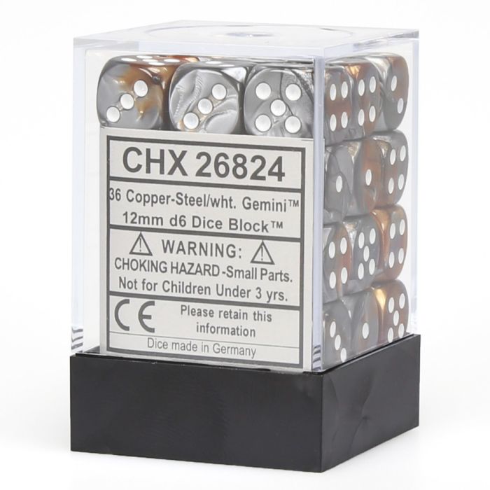 D6 Cube 12mm Gemini Copper And Steel With White (12) - Cats In Hat Inc.